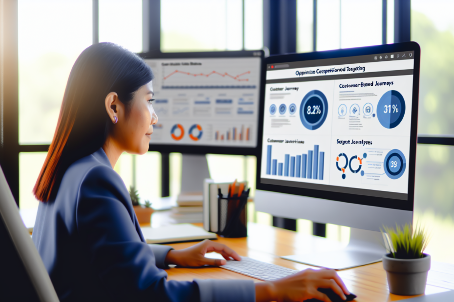 Fra klik til konvertering: Sådan anvender du konkursionsbaseret målretning med indsigt fra kunderejser En digital marketingekspert analyserer målrettet data på en computer med skærmbilleder af grafik og kunderejser synlige. Alt-text: Digital marketingekspert undersøger kunderejsedata og segmentanalyser på computer for at optimere konkursionsbaseret målretning.