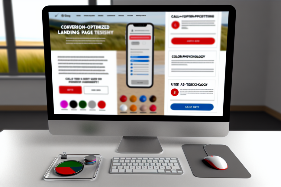 Øg din kampagnes gennemslagskraft med konverteringsoptimering baseret på psykologi Fotorealistisk billede af en konverteringsoptimeret landingsside på en computer, med klar call-to-action knap, brug af farvepsykologi, og elementer der reflekterer brug af A/B testning. Alt-text: Konverteringsoptimeret landingsside på computer med farverige CTA-knapper og psykologibaserede designelementer.