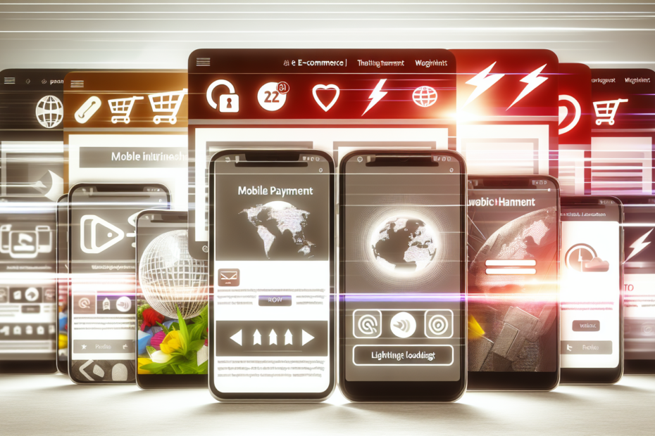 En collage af mobile enheder, der viser forskellige e-handelswebsites med brugervenlige grænseflader, omgivet af ikoner repræsentative for mobil betaling og lynhurtige indlæsningstider i en strømlinet og tiltalende visuel stil. Alt-text: "Mobile enheder med e-handelswebsites og ikoner for mobil betaling og hurtig webside indlæsning."