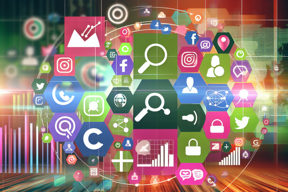 Effektiv brug af krydspostering: Hvad du bør vide om visuel målgruppeanalyse En collage af diverse sociale medieikoner, blandet med billeder af analytiske grafer og målgruppe profiler, i et farverigt og dynamisk layout. Alt-text: "Collage af sociale medieikoner og analytiske grafer, der illustrerer krydspostering og målgruppeanalyse i digital marketing."