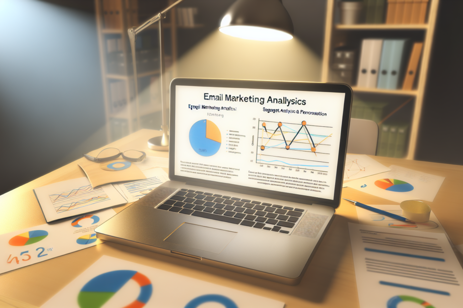 En professionelt designet arbejdsstation med en åben bærbar computer, der viser et dashboard for e-mail marketing analytics, omgivet af farverige grafer og notater om segmentanalyse og personalisering på skrivebordet, med en blød og fokuseret belysning. Alt-tekst: En åben bærbar computer på et skrivebord, der viser e-mail marketing analytics, omgivet af notater om segmentanalyse, med en hyggelig belysning.