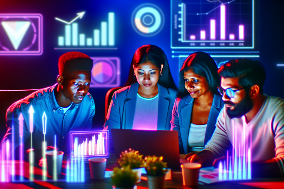 Effekten af annoncetestning på sociale netværk: Brug målgruppefeedback til at forme næste kampagne Billedbeskrivelse: En kreativ markedsføringsgruppe analyserer data fra sociale medieplatforme på en laptop, omgivet af lysende skærme med grafer og statistik, der illustrerer effekten af annoncetestning. Alt-text: Markedsføringsgruppe analyserer resultater af annoncetestning på sociale medier med grafiske fremstillinger af data på baggrund af skærme.