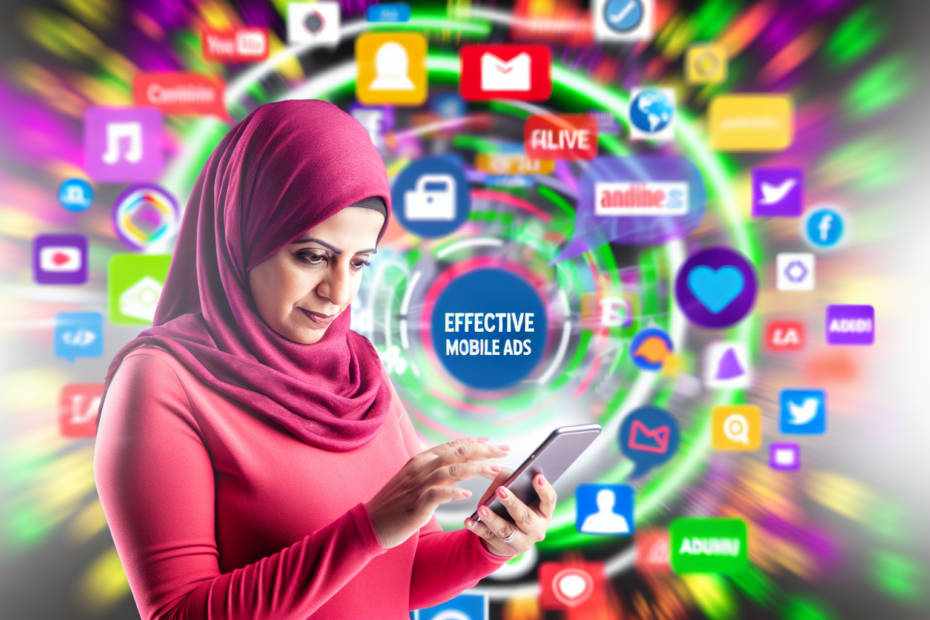 Effektiv mobiltilpasset annoncestrategi kræver forståelse for brugermønstre på smartphones En person, der anvender en smartphone til at interagere med forskellige apps, herunder sociale medier, shopping og streaming-tjenester, med fokus på effektive mobilannoncer i baggrunden.
