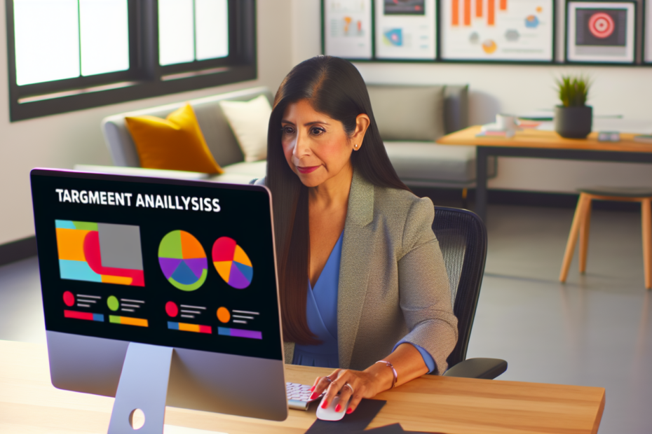 Effekten af segmenttilpasning i displayannoncer: Når kampagnetyper arbejder sammen En marketer analyserer data på en computer med farverige grafikker om segmentanalyse og målrettet annoncering på skærmen i et lyst kontor.