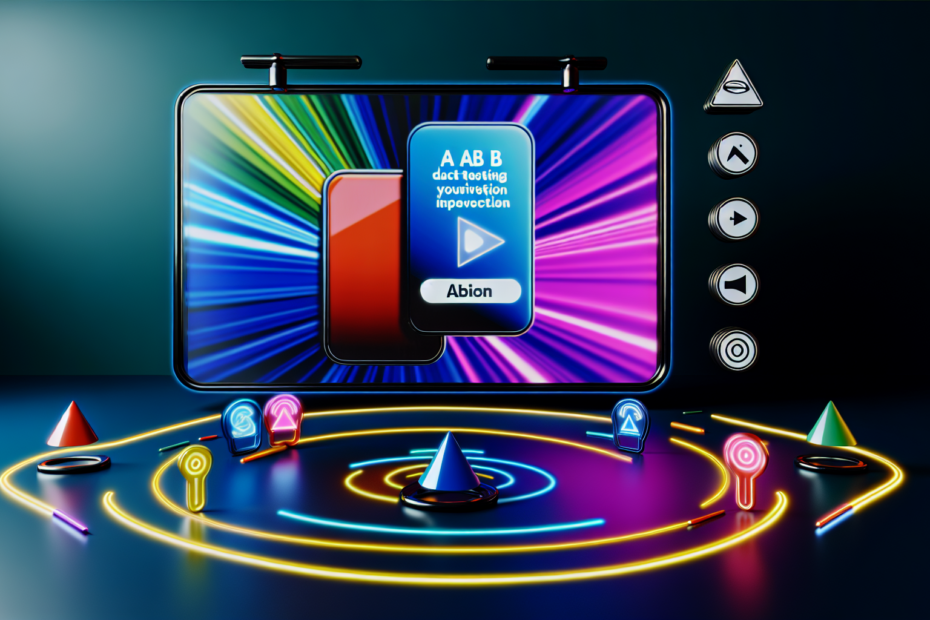 Effektiv displayannoncering kræver mere end synlighed: Fokus på konvertering gennem bedre design Fotorealistisk billede af en iøjnefaldende digital skærm, der viser en farverig displayannonce med en klar opfordring til handling, omgivet af symboler for A/B-testning og brugerinteraktioner.