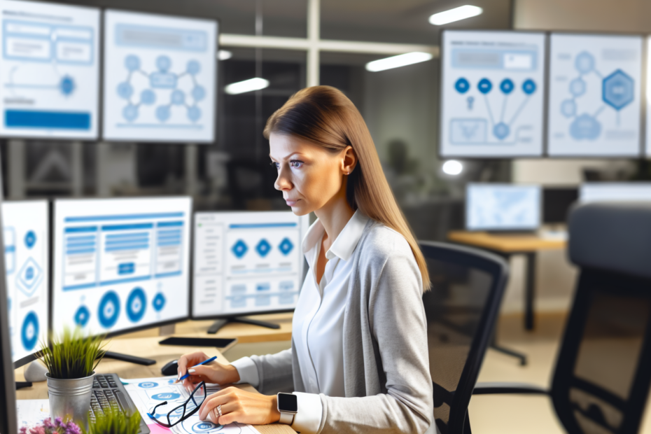 En professionel sidder ved et skrivebord fyldt med skærme, der viser grafer og kunderejsekort, mens personen analyserer data og strategiserer for at forbedre digital kundeoplevelse. Professionel analyserer kunderejsedata for optimering på kontorarbejdsplads