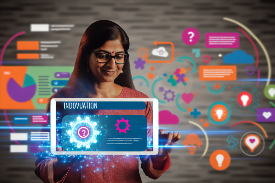 En person, der interagerer med en farverig, interaktiv displayannonce på en tablet, som viser en quiz om et produkt, omgivet af kreative og digitale elementer, der symboliserer innovation og engagement. Alt-text: Person interagerer med interaktiv quiz i en innovativ og engagerende displayannonce på tablet.