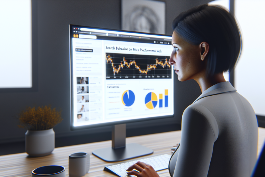 Resultatorienteret kontext: Hvordan annoncering baseret på søgeadfærd giver øget præcision Fotorealistisk billede af en digital markedsførings ekspert, der analyserer data på en computerskærm med diagrammer, der viser søgeadfærd på nicheplatforme, omgivet af kontekstuelle annoncer.
