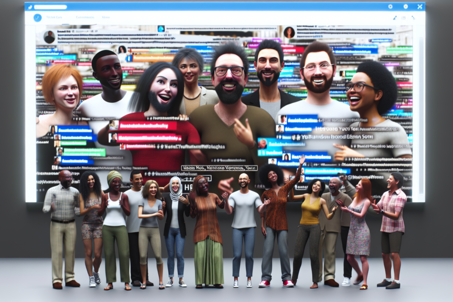 Effekten af brugergenereret indhold: Nye veje til engagement på sociale platforme Fotorealistisk billedprompt: "En gruppe smilede mennesker, der omgiver en stor skærm, der viser et udvalg af hashtags, billeder og kommentarer fra sociale medieplatforme, med en følelse af fællesskab og engagement i luften." Alt-text: Gruppe af smilende folk grupperet omkring en skærm der fremviser brugergeneret indhold med hashtags og kommentarer i et engageret fællesskab.