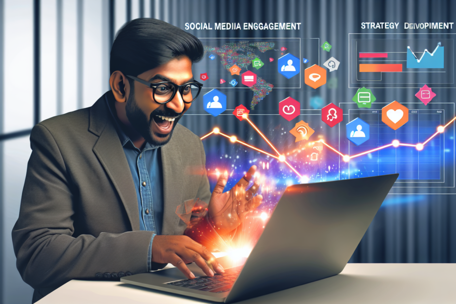 Engagementsstrategier, der rammer: Forstå målgruppens interaktionsvaner for bedre resultater Billedbeskrivning: En engageret marketingspecialist analyserer data på en bærbar computer mens dynamiske, farverige grafer om sociale mediers engagementer svæver over skærmen, symboliserende strategiudvikling og interaktion. Alt-text: Marketingspecialist arbejder på computer med analyse af sociale medier engagementsdata, omgivet af farverige interaktive grafer.