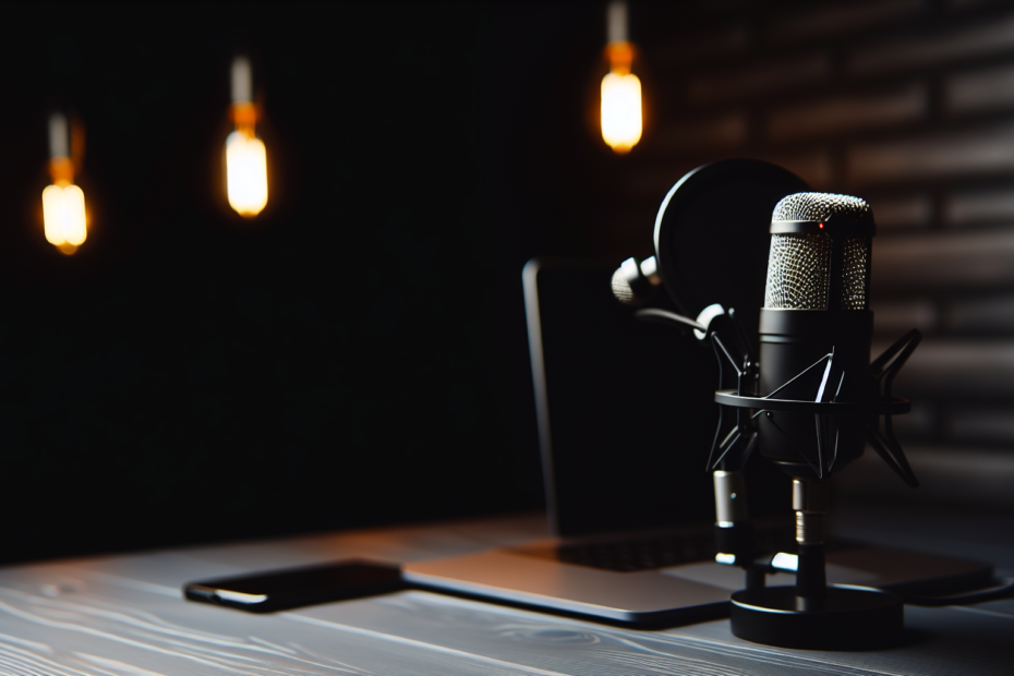 Brands der rammer plet med stemmer: En ny æra for branding via podcasts En mikrofon med podcast udstyr i et moderne mørkt studie, der udstråler en stemningsfuld og kreativ atmosfære. Mikrofon og podcast udstyr i et professionelt studie, som symboliserer digital branding gennem podcasting.