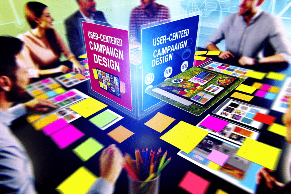 "Fotorealistisk billede af en kreativ teams brainstorm-session, med fokus på farverige post-it noter og digitale skærme, der viser forskellige designs af digitale annoncer." Alt-tekst: Kreativt team arbejder på brugercentreret kampagnedesign med skærme, som viser digitale annoncer, omgivet af farvestrålende brainstorming noter.