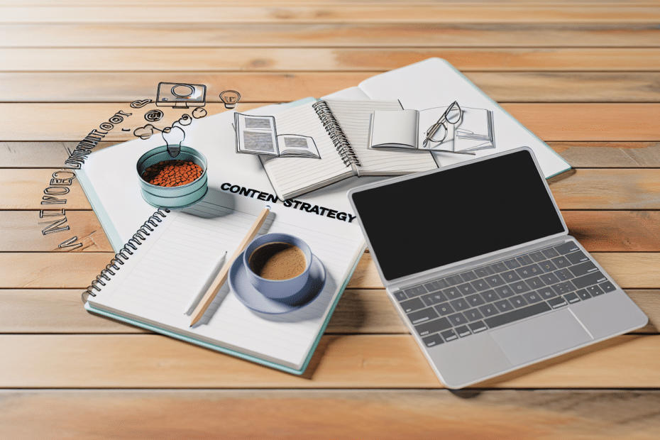 Fotorealistisk billede af en kreativ arbejdsplads med en åben laptop, notatbøger og kaffekop, der illustrerer planlægningen af en indholdsstrategi for e-handelsbrands. Alt-text: En kreativ arbejdsplads med en åben laptop, notatbøger, og en kaffekop, symboliserende planlægning af en e-handels indholdsstrategi.