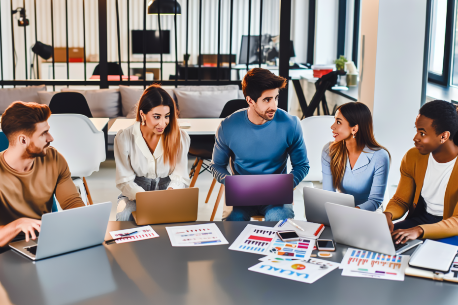 Derfor er en stærk indholdsstrategi afgørende for e-handelsbrands med fokus på en konsekvent tone-of-voice En gruppe af engagerede marketingfagfolk udvikler en indholdsstrategi for e-handelsbrandet, omgivet af åbne laptops og marketingmaterialer på et moderne kontor. Alt-tekst: Marketingteam arbejder på e-handelsbrandets indholdsstrategi i et moderne kontor.