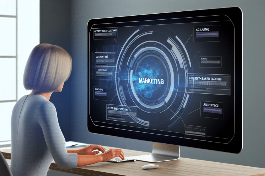 Fotorealistisk billede af en marketingfagperson, der analyserer data og tilpasser en digital annoncekampagne på en computerskærm, med grafik, der illustrerer interessebaseret målretning og adaptive annonceformater. Alt-text: Marketingfagperson der arbejder på at justere en digital annoncekampagne på sin computer, med omkringliggende grafik, der visualiserer interessebaseret målretning og adaptive annonceformater.