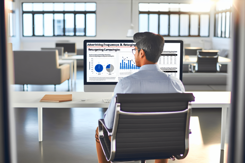 Billedbeskrivelse: En marketer sidder foran en computer med åbne grafikker af annonceringsfrekvens data og retargetingkampagnestrategier på skærmen, i et lyst og moderne kontormiljø. Alt-tekst: Marketer analyserer annonceringsfrekvensdata og retargetingstrategier på en computer i et moderne kontor.