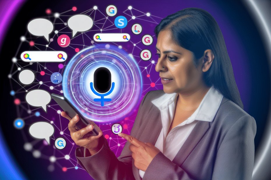En person interagerer med en virtuel assistent på en smartphone, mens de omgives af symboler for søgeord, talebobler og digitale netværk, der illustrerer tilpasningen af SEO-strategi til stemmesøgning. Alt-text: Person bruger virtuel assistent på smartphone til at udføre stemmesøgning, omgivet af SEO-optimeringsikoner og talebobler, hvilket illustrerer tilpasning af strategi til stemmesøgning.