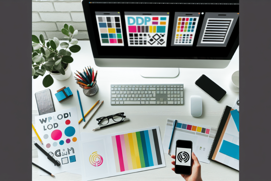 En computer og en smartphone med åbne designprogrammer omgivet af farvepaletter, typografieksempler, og et logo design på en kreativ arbejdsplads, symboliserende processen med at skabe en visuel brandidentitet. Alt-text: Kreativ arbejdsplads med designudstyr og eksempler på visuel brandidentitet, inklusive farvepaletter, typografi, og logo design.
