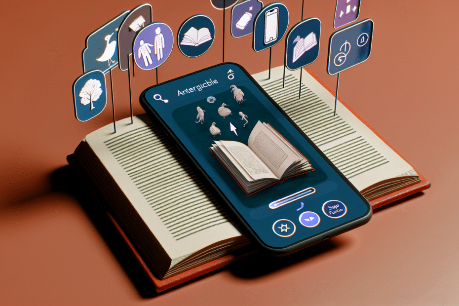 En smartphone-skærm, der viser en spændende historiefortælling med interaktive elementer som quizzer og swipe-funktioner, omgivet af symboler for åbne bøger og augmented reality-ikoner, illustrerer den moderne integration af mobilteknologi i historiefortælling. Alt-text: Smartphone med interaktiv historiefortælling og augmented reality-ikoner illustrerer mobilresponsiv historiefortælling.