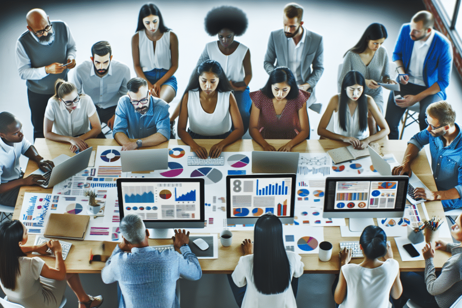 En gruppe marketingfagfolk analyserer data på computere for at optimere annoncer. Alt-text: Marketingteam arbejder på dataanalyse for annonceoptimering.
