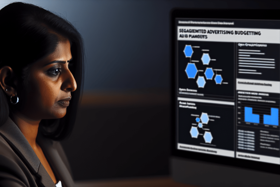 En professionel sidder dybt koncentreret foran sin computer med åbne grafikker og dataanalyser, der fremhæver forskellige digitale marketingplatforme og annoncebudgetter. Alt-text: "Marketingspecialist analyserer segmenteret annoncebudgettering og platformspecifik brugeradfærd på computeren."