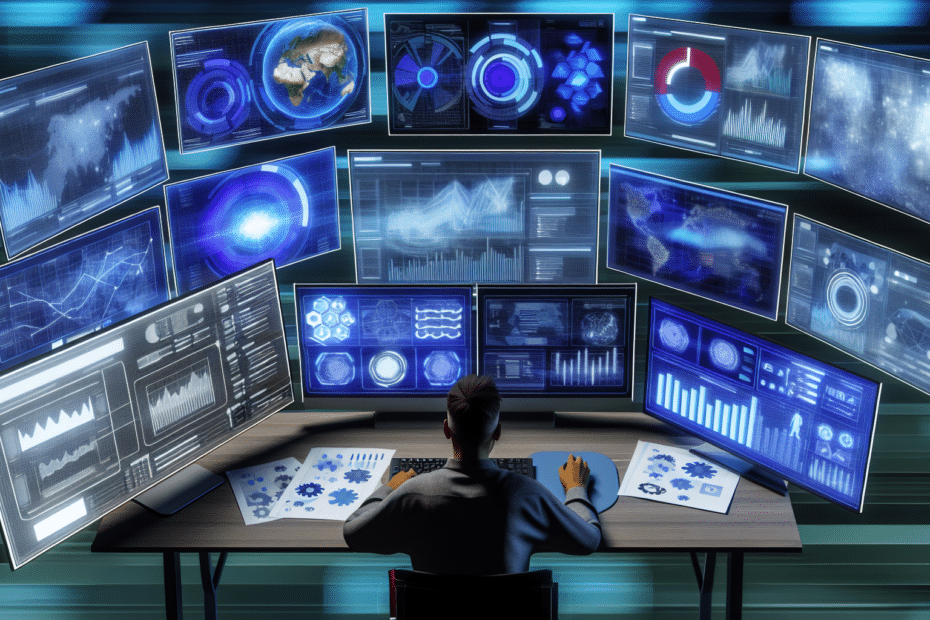 En fotorealistisk illustration, der viser en person, der arbejder intensivt ved et skrivebord omgivet af flere skærme, der viser forskellige datagrafikker og annoncer fordelt på flere platforme.