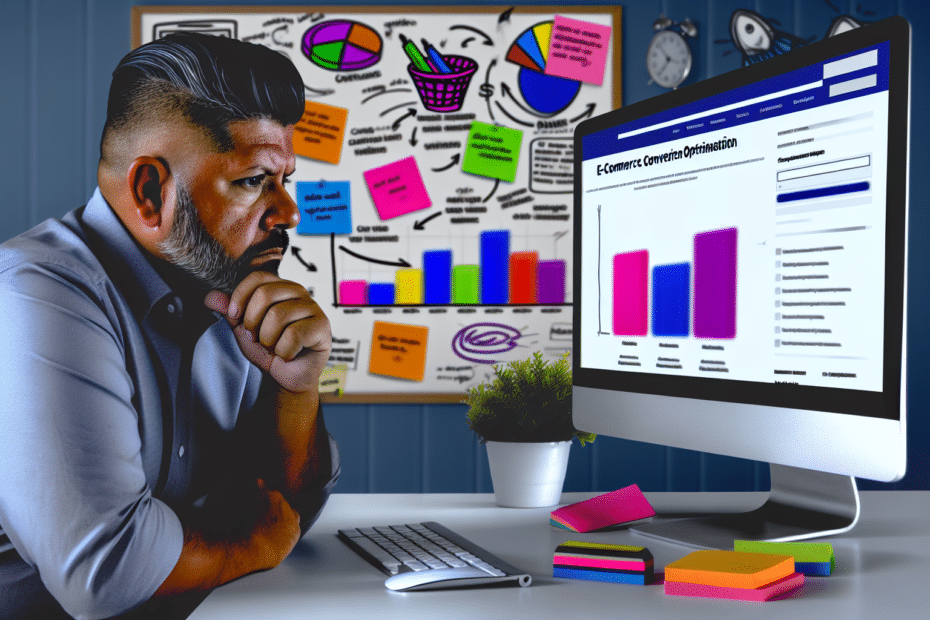 "Billedprompt: En iværksætter i dyb tanke ser på en computerskærm med farverige grafer og statistikker, omgivet af noter og skitser til hjemmesideforbedringer i baggrunden, der illustrerer konceptet med e-commerce konverteringsoptimering gennem brugertest og mindre justeringer." Alt-text: Iværksætter analyserer e-commerce konverteringsstatistikker på computer med hjemmesideforbedringsnoter i baggrunden.