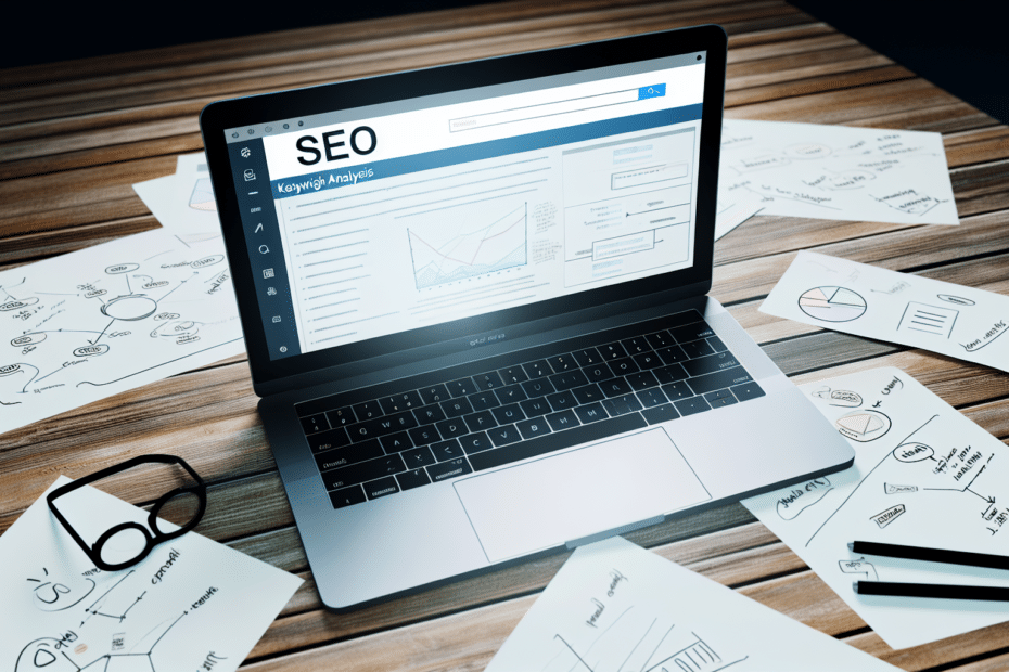 Billedbeskrivelse: En åben laptop med SEO-analyse på skærmen omgivet af noter og diagrammer på et træbord, illustrerende dybdegående søgeordsanalyse og strategisk indholdsplanlægning. Alt-text: Laptop på træbord med SEO-analyse på skærmen omgivet af noter og diagrammer, symboliserende søgeordsanalyse og indholdsstrategi.
