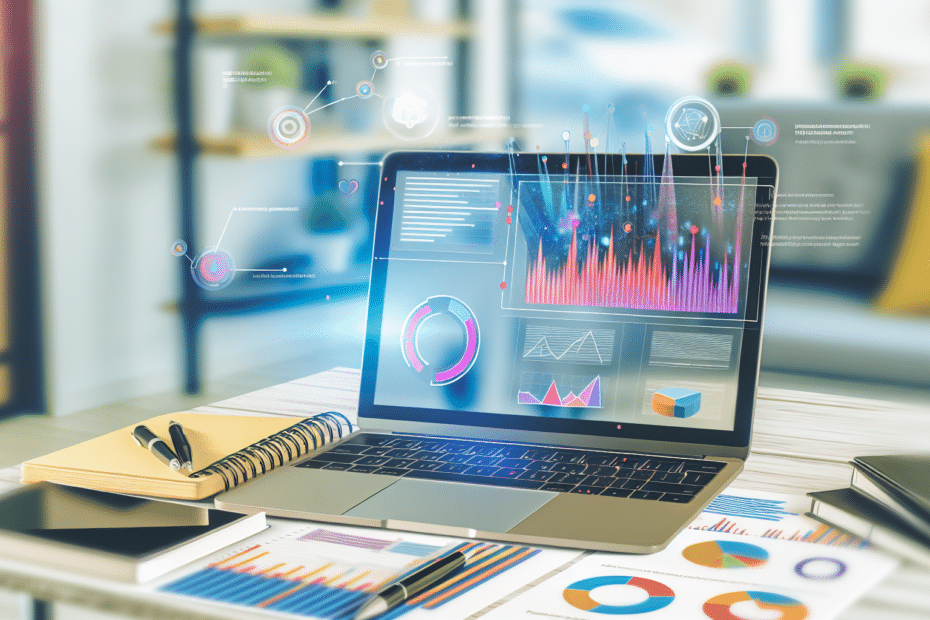 Billede af en åben laptop med farverige grafer og dataanalyser på skærmen omgivet af noter om kundeadfærd og personalisering, i et lyst og moderne kontormiljø. En åben laptop viser dataanalyse og grafik om kundeadfærd, omgivet af noter, i et kontor.