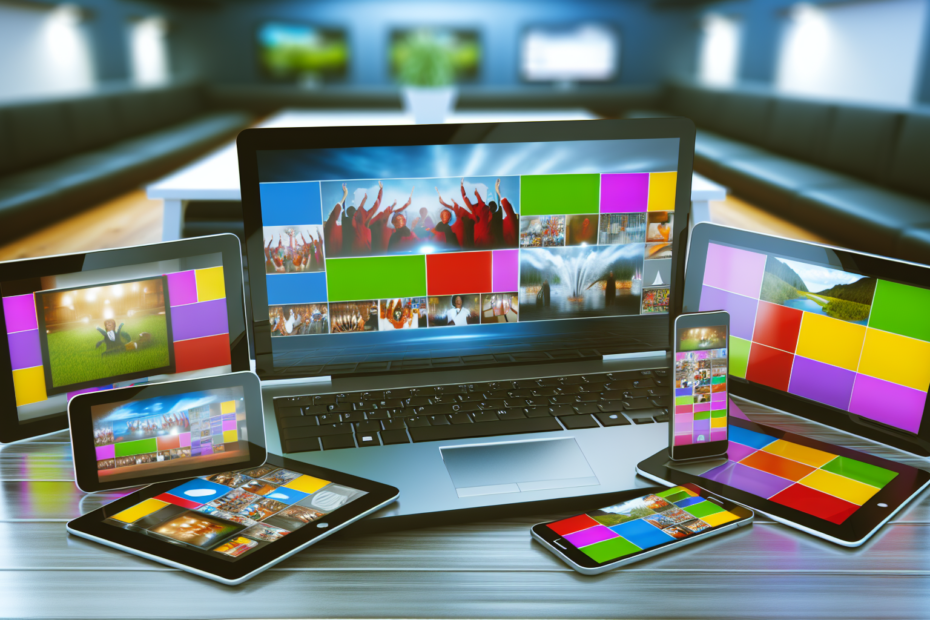 Kunderejseoptimering med multimedieindhold: En praktisk vej til stærkere brugerengagement Fotorealistisk billede af et åbent laptop med livlige multimedia-præsentationer på skærmen omgivet af smartphones og tablets, der viser forskellige interaktive og videoindhold, i en moderne markedsføringskontorindstilling. Alt-tekst: Laptop og mobile enheder med forskelligartet multimedia indhold på en moderne markedsføringskontor setting.