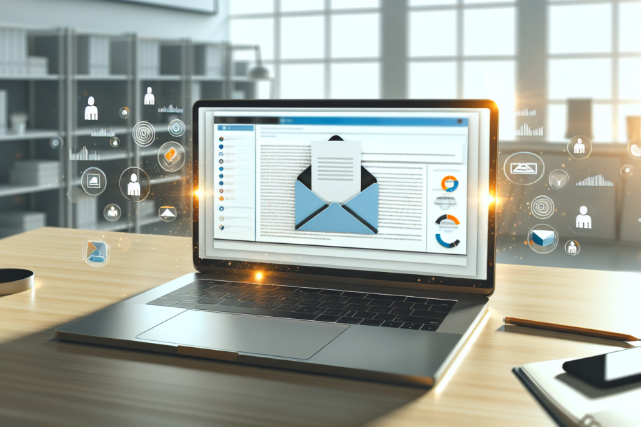 Personalisering i e-mail kampagner: Strategier der øger din responsrate markant Fotorealistisk billede af en åben laptop med levende e-mail-skærm, der viser en personliggjort e-mail kampagne, omgivet af små ikoner for dataanalyse og segmentering, i et lyst og organiseret kontormiljø. Alt-tekst: Åben laptop på et skrivebord visende en personliggjort e-mail kampagne på skærmen, med ikoner for dataanalyse og segmentering omkring, i et veloplyst kontor.