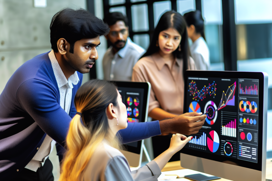 Hvordan kundesegmentering baseret på adfærdsmønstre kan forbedre digitale kampagnejusteringer i praksis En marketingstrategiplanlægger analyserer farverige grafer og diagrammer på en computerskærm, der viser adfærdsmønstre og kundesegmenter, i et moderne kontormiljø. Et marketingteam gransker diagrammer og grafer på en computer for at forstå kundeadfærd og segmentere markedet effektivt.