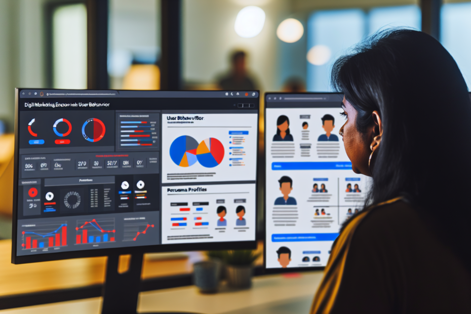 Effektiv indholdsproduktion med personaer og brugerdata: Sådan skaber du relevans i din markedsføring Billede af en digital marketing ekspert, der analyserer data på en computerskærm, med fokus på brugeradfærdsdiagrammer og persona-profiler. Alt-text: Digital marketing ekspert analyserer brugeradfærdsdata og persona-profiler på en computer.