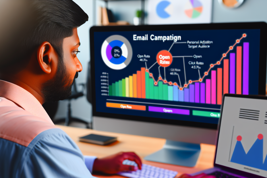 E-mails der konverterer: Hvordan personligt indhold løfter dine kampagner En marketingfagperson sidder foran en computer og analyserer en farverig graf over e-mail kampagne resultater, med åbnings- og klikrater, mens en skærm i baggrunden viser et diagram over segmenteret målgruppe. En professionel analyserer e-mail marketing data med fokus på personlig tilpasning og konverteringsoptimering.