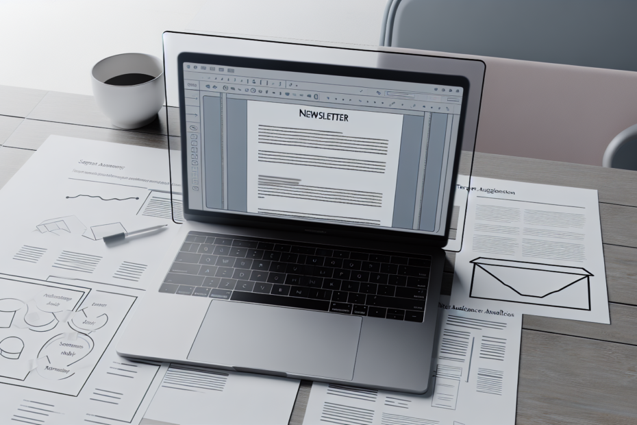 Målret med mening: Skab højere konvertering gennem segmenterede nyhedsbreve En arbejdsstation med en åben bærbar computer, der viser et detaljeret nyhedsbrev-layout på skærmen, omgivet af noter om segmentering og målgruppeanalyse, med en klar og fokuseret atmosfære. Alt-text: Arbejdsstation med åben laptop, der viser nyhedsbrev-layout, omgivet af noter om segmentering og målgruppeanalyse.