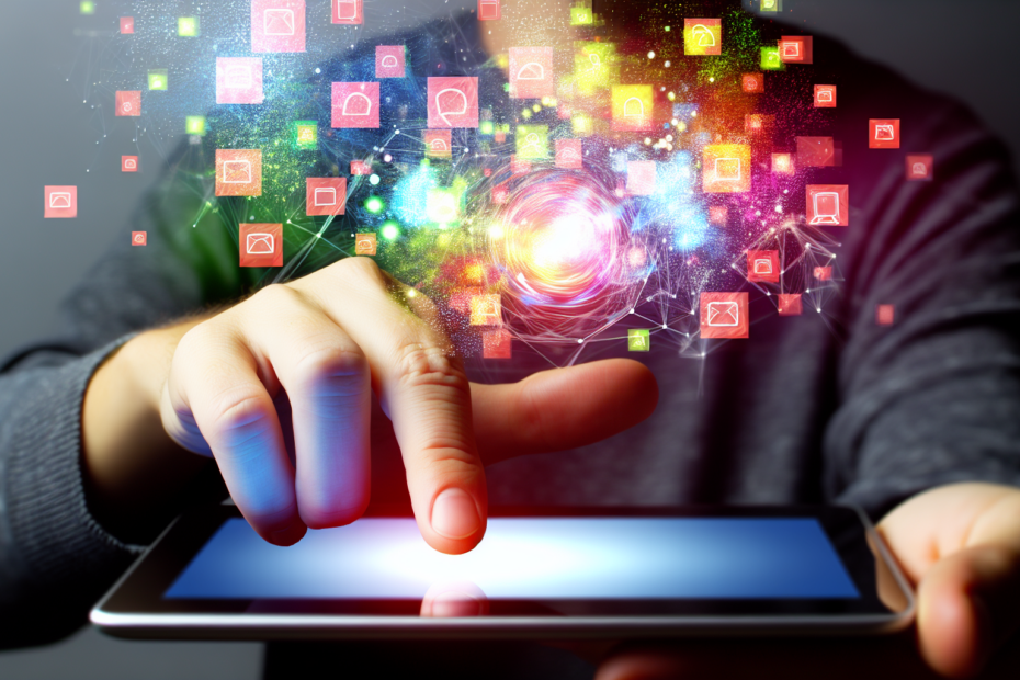 Effekten af interaktivt annonceindhold: Når brugerinvolvering bliver nøglen til resultater En person interagerer med et digitalt touchskærm-interface, med farverige, interaktive elementer svævende omkring fingrene, symboliserende engagement og innovation i digital annoncering. Alt-text: En person engagerer med interaktivt annonceindhold på en digital skærm med farverige elementer for at repræsentere innovation og brugerengagement i markedsføring.