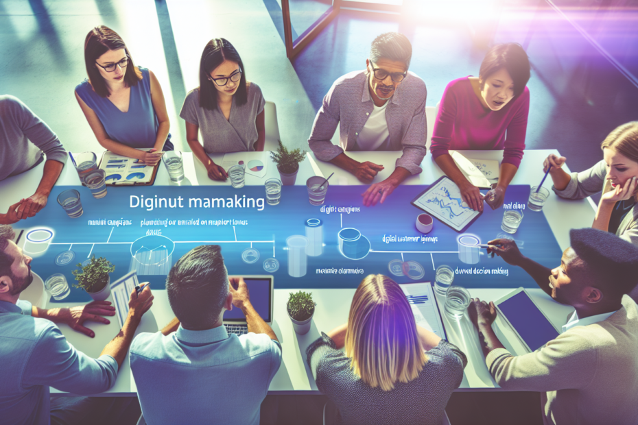 Kortlægning af digitale salgsrejser: Brug af kundedata til præcise beslutninger i kampagner Billedbeskrivelse: En gruppe marketingfolk diskuterer engageret strategier omkring et bord fyldt med digitale enheder og grafer over digitale salgsrejser, med fokus på datadrevet beslutningstagning i et lyst, moderne kontormiljø. Alt-tekst: Marketingteam planlægger præcise kampagner ved at analysere digitale salgsrejser og kundedata på digitale enheder i et lyst kontor.