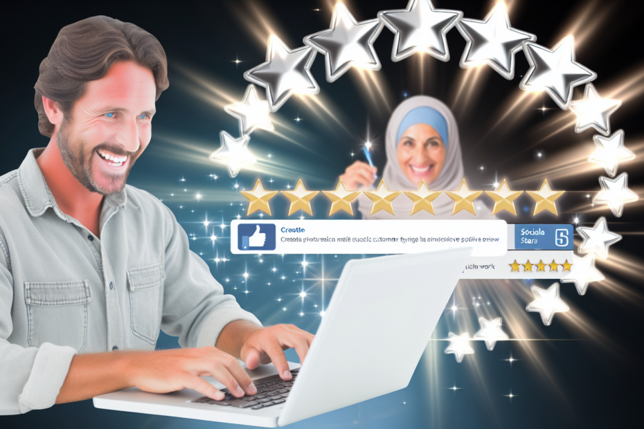 Tillid som drivkraft: Brug af sociale beviser og kundeanmeldelser i digitale annoncer Fotorealistisk illustration af en lykkelig kunde, der skriver en positiv anmeldelse på sin laptop med sociale medieikoner og stjerner, der stråler omkring skærmen. Alt-text: En tilfreds kunde, der skriver en positiv online anmeldelse, omgivet af strålende sociale medieikoner og femstjernede ratings.