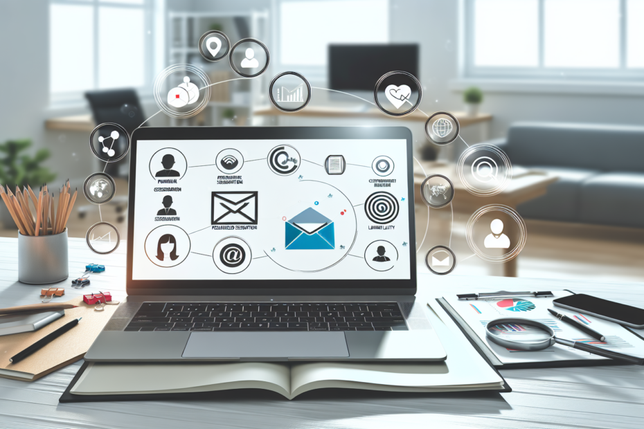 Sådan bygger du langvarig kundeloyalitet med målrettede e-mail flows En åben laptop viser en e-mail marketingskabelon omgivet af ikoner for analyseværktøjer, personlig segmentering og kundeloyalitetsgrafikker, alt sammen i et organiseret og lyst kontormiljø. En laptop med en e-mail marketingskabelon på skærmen, omgivet af ikoner for analyseværktøjer og kundeloyalitetsgrafikker i et lyst kontor.