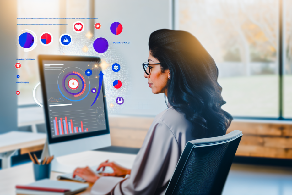 Brugerfeedback som kampagnekompas: Justér dine annoncer med realtidsindsigter fra dine kunder En marketingfaglig arbejder intensivt på sin computer, omgivet af dynamiske grafikker og diagrammer, der repræsenterer brugerfeedback og datadrevne strategitilpasninger, i et lyst kontormiljø. Alt-text: En marketingekspert arbejder på at analysere og implementere brugerfeedback i kampagnestrategier ved hjælp af computer og datavisualiseringer.