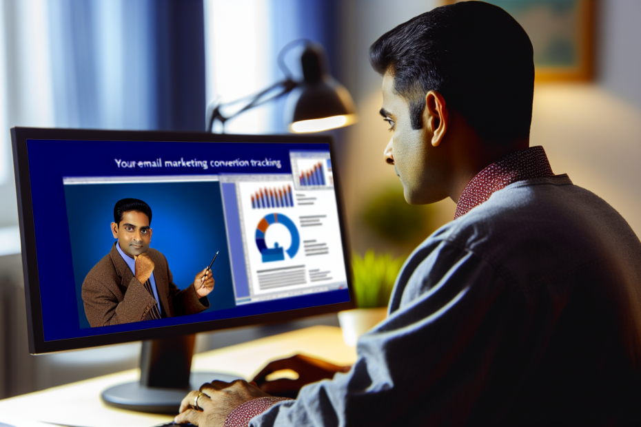 Mål det rigtige: Konverteringssporing i e-mail marketing der forbedrer personaliserede budskaber En professionel arbejder fokuseret ved en computer, med en lysbilledpræsentation om e-mail marketing konverteringssporing på skærmen. En professionel der analyserer e-mail marketing data på en computerskærm for at forbedre konverteringsrater.