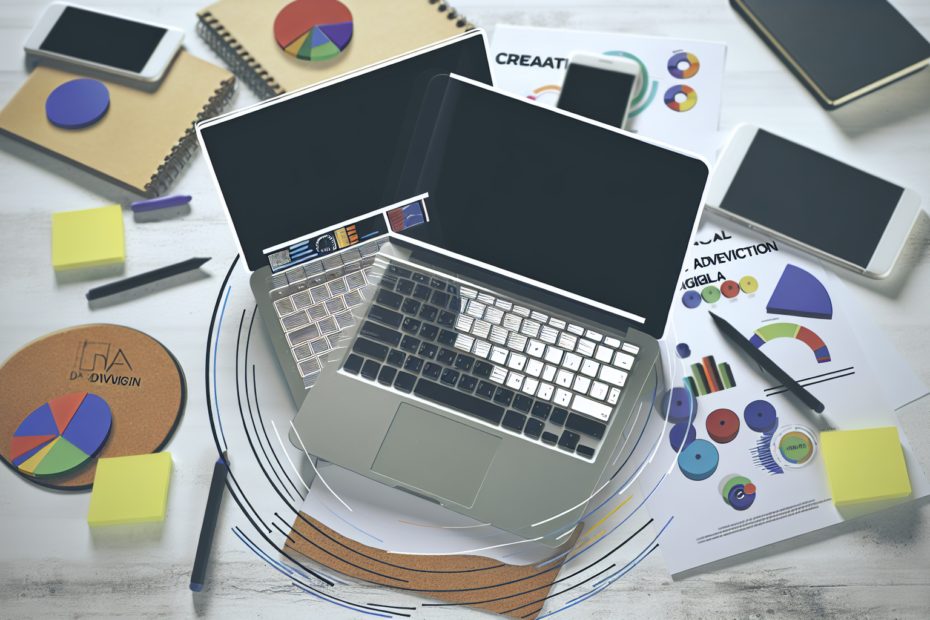 Så skriver du annoncer, der sælger – med indhold skabt til den rigtige platform En kreativ arbejdsstation med to åbne laptops, der viser grafik og dataanalyse, omgivet af notater og smartphone, symboliserer strategisk digital annonceplanlægning og målgruppesegmentering.