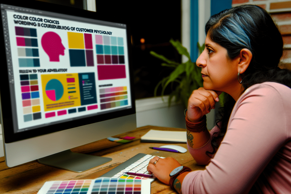En grafisk designer, der overvejer farvevalg og kundepsykologi, sidder ved et skrivebord med en computer viser en digital annonce design proces. Alt-text: "Grafisk designer arbejder på digital annonce med fokus på kundepsykologi og farvevalg på computerskærm."
