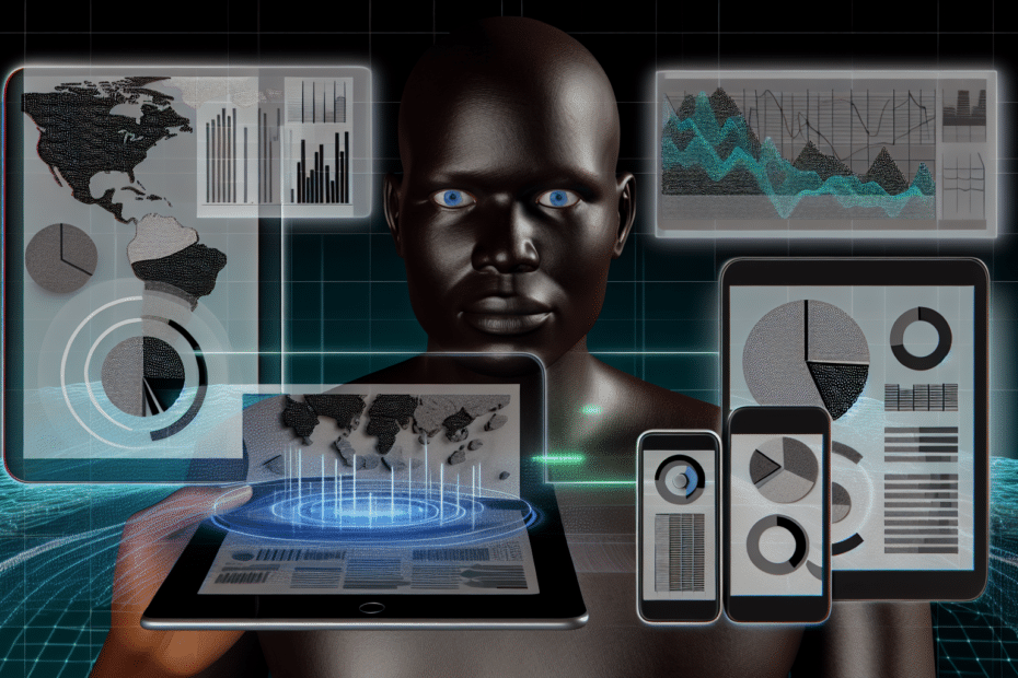 Fotorealistisk billede af en person der ser på flere enheder (smartphone, tablet, laptop) samtidig, omgivet af datagrafik og interaktionslinjer, der symboliserer analyse af brugermønstre og intelligent annonceudformning. Alt-text: Person analysere brugermønstre på tværs af flere enheder med datagrafik for intelligent annonceudformning.